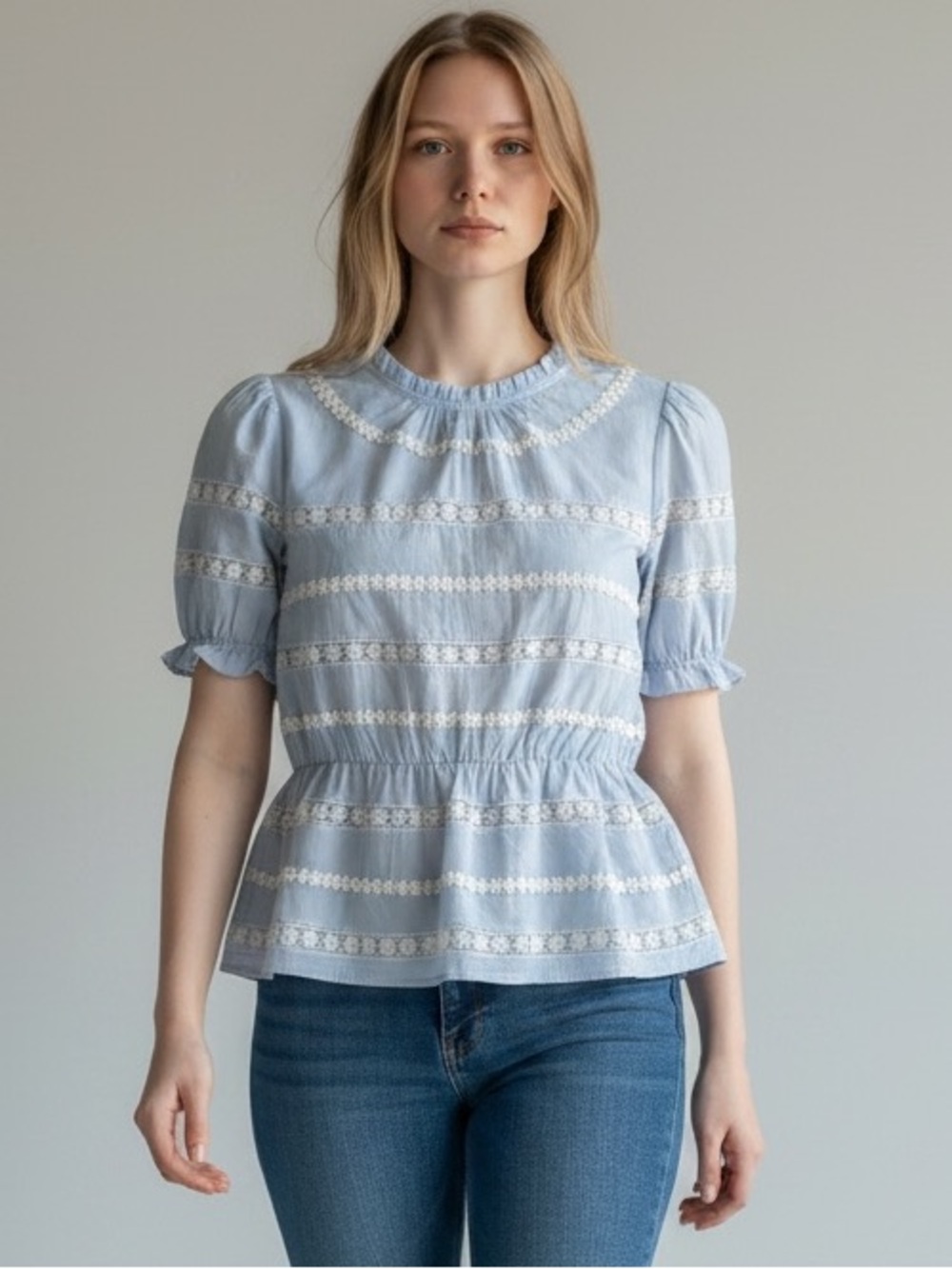 J.Crew Blue Lace Trim Peplum Blouse Short Sleeve Top Size M